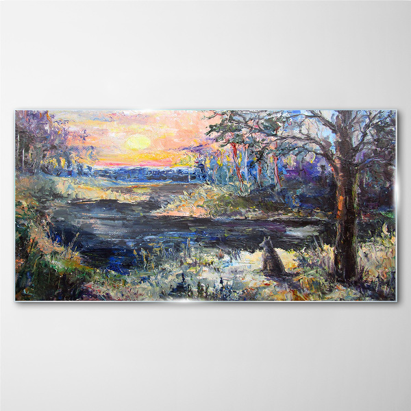Sunset over the lake Glass art print