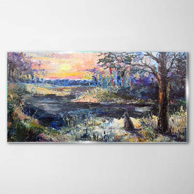 Sunset over the lake Glass art print