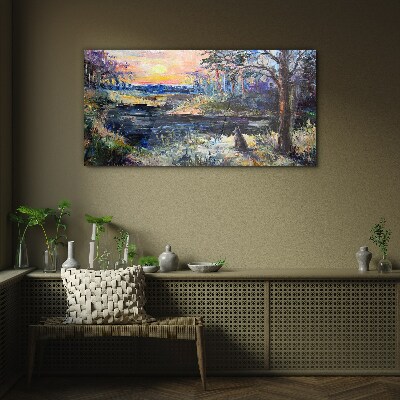 Sunset over the lake Glass art print