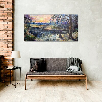 Sunset over the lake Glass art print
