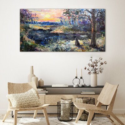 Sunset over the lake Glass art print