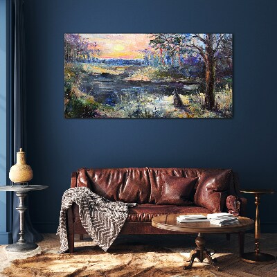Sunset over the lake Glass art print
