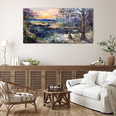 Sunset over the lake Glass art print