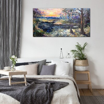 Sunset over the lake Glass art print