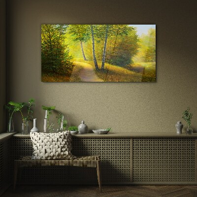 Golden forest in the sunlight Wall art on glass