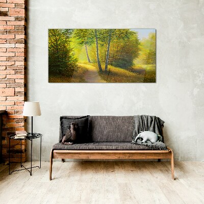 Golden forest in the sunlight Wall art on glass
