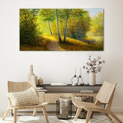 Golden forest in the sunlight Wall art on glass