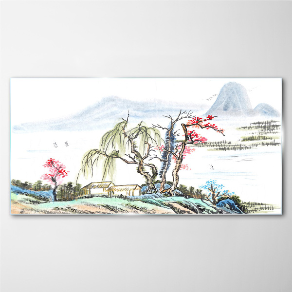 A peaceful landscape with trees and a house Glass art print