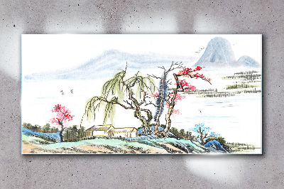 A peaceful landscape with trees and a house Glass art print