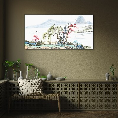 A peaceful landscape with trees and a house Glass art print