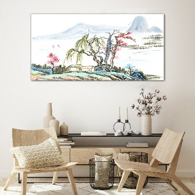 A peaceful landscape with trees and a house Glass art print