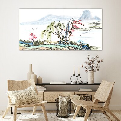 Abstraction trees mountains Glass Wall Art