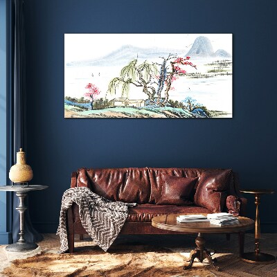 A peaceful landscape with trees and a house Glass art print