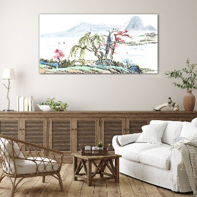 A peaceful landscape with trees and a house Glass art print
