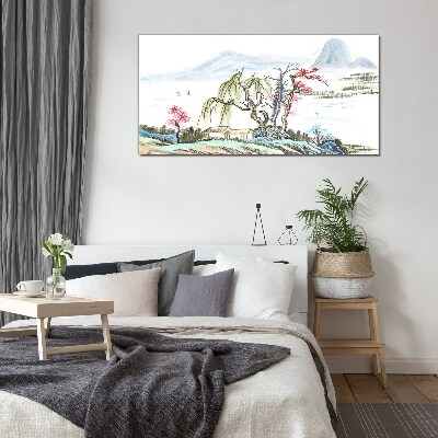 A peaceful landscape with trees and a house Glass art print