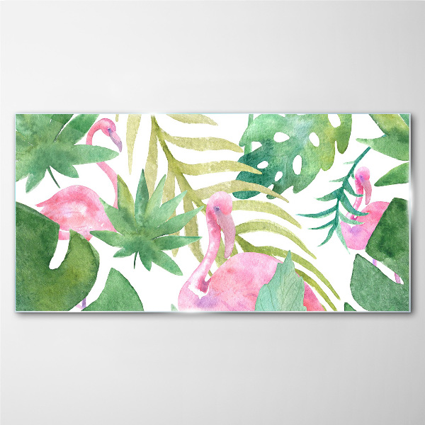 Happy flamingos in the tropical jungle Glass art print