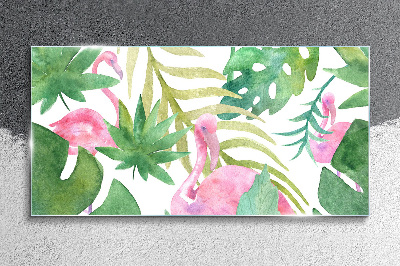 Happy flamingos in the tropical jungle Glass art print