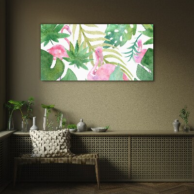 Happy flamingos in the tropical jungle Glass art print