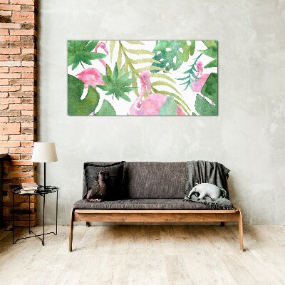 Happy flamingos in the tropical jungle Glass art print