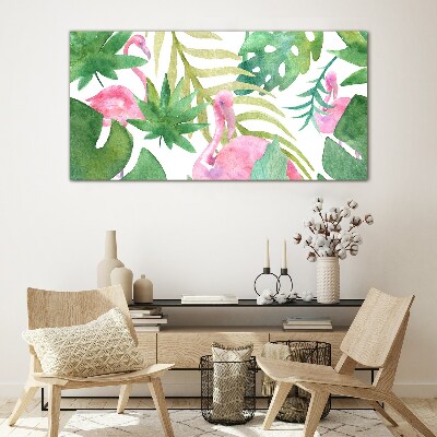 Happy flamingos in the tropical jungle Glass art print