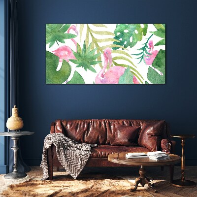 Happy flamingos in the tropical jungle Glass art print