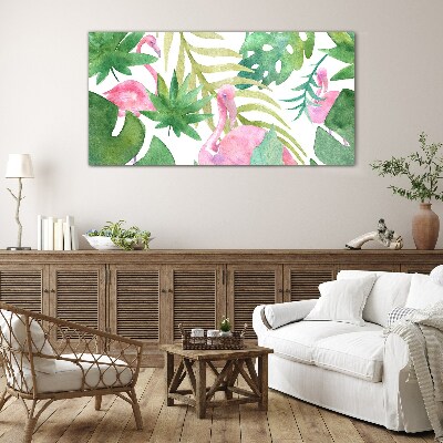 Happy flamingos in the tropical jungle Glass art print