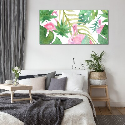 Happy flamingos in the tropical jungle Glass art print