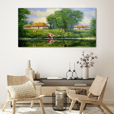 Peaceful rural landscape by the water Wall art on glass