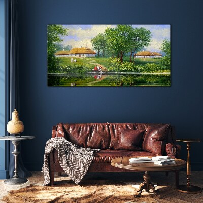 Peaceful rural landscape by the water Wall art on glass