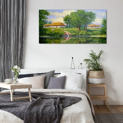 Peaceful rural landscape by the water Wall art on glass
