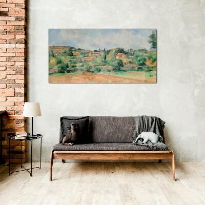 Country landscape in pastel colors Glass art print