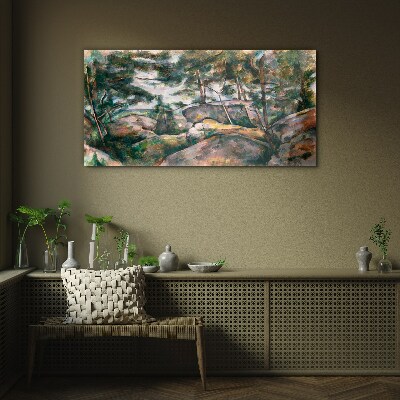 A stony landscape among trees Glass art print