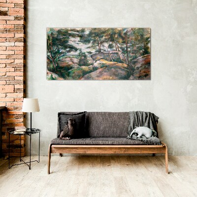 A stony landscape among trees Glass art print