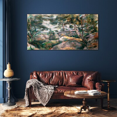 A stony landscape among trees Glass art print