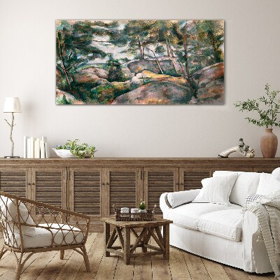 A stony landscape among trees Glass art print