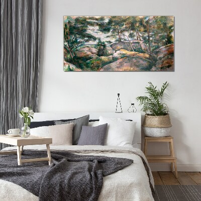A stony landscape among trees Glass art print