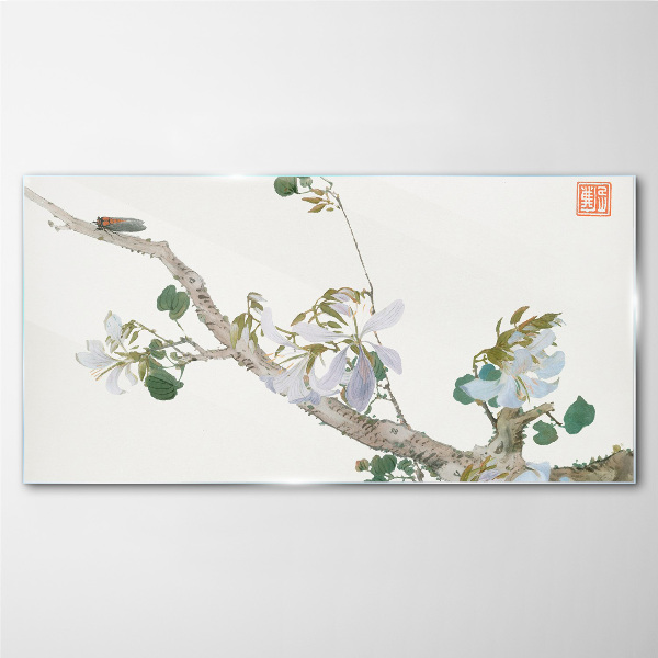 Flower branch with cicada Glass art print