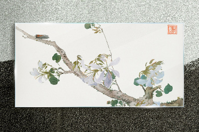 Flower branch with cicada Glass art print