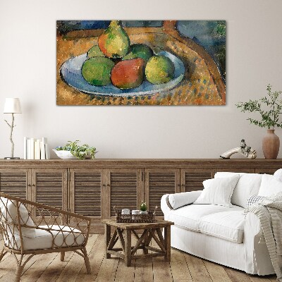 A plate of fruit on a chair Glass Wall Art