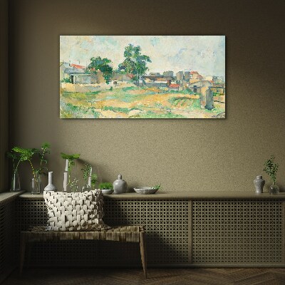 Landscape with a tree and buildings Glass art print
