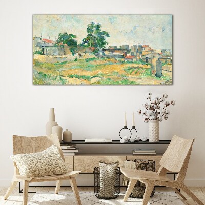 Landscape with a tree and buildings Glass art print