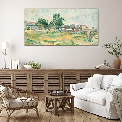 Landscape with a tree and buildings Glass art print