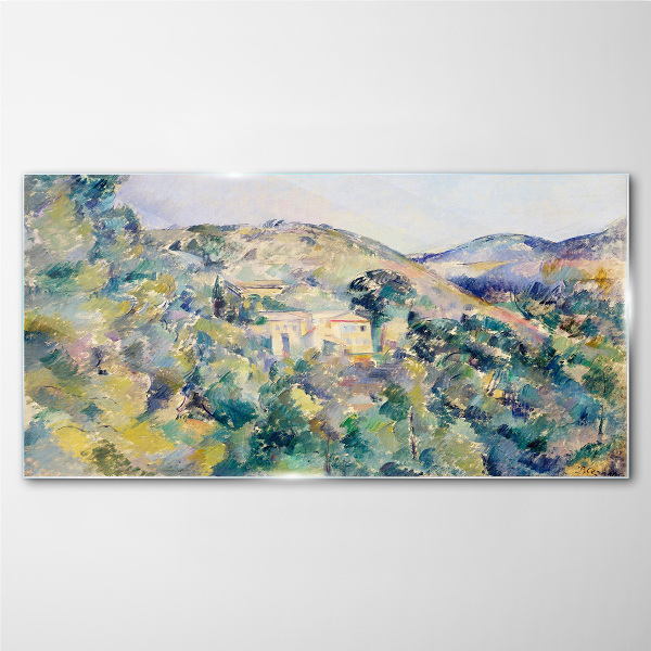 Landscape with houses among the trees Wall art on glass