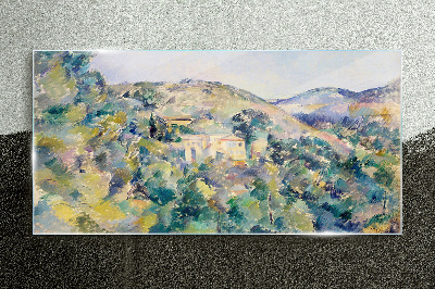 Landscape with houses among the trees Wall art on glass