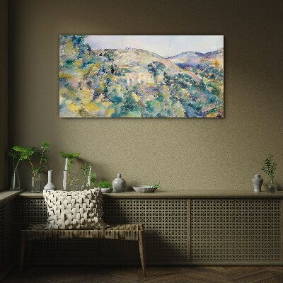 Landscape with houses among the trees Wall art on glass