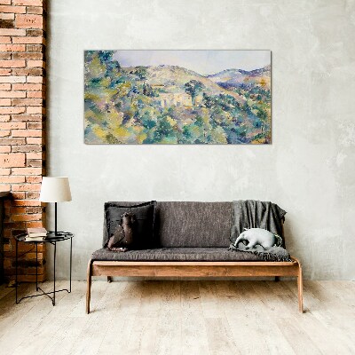 Landscape with houses among the trees Wall art on glass