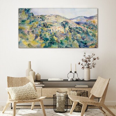 Landscape with houses among the trees Wall art on glass