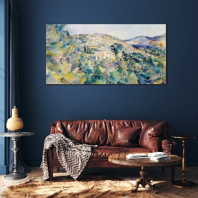 Landscape with houses among the trees Wall art on glass