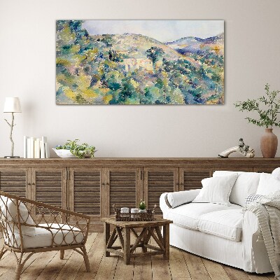 Landscape with houses among the trees Wall art on glass