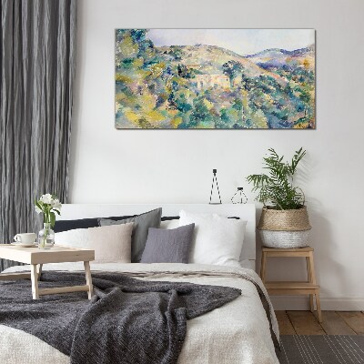 Landscape with houses among the trees Wall art on glass